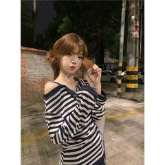 原版色织韩系条纹假两件一字肩长袖t恤女秋季宽松慵懒甜辣妹上衣