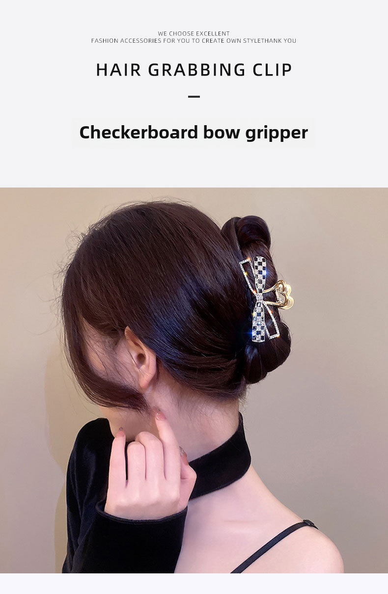 Checkerboard Bow Hair Clip With Elegant Tiara Design For Women_voghion.com