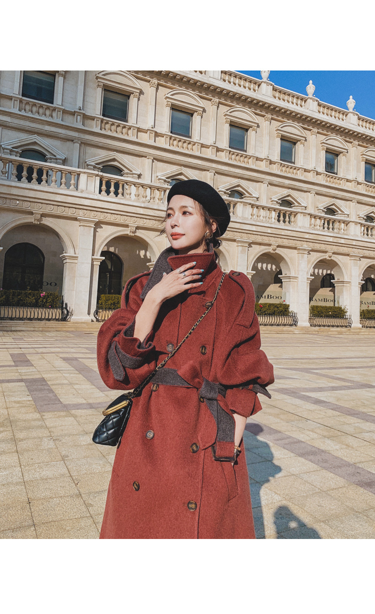 Women's Long Woolen Coat Brick Red Hepburn Style Winter Overcoat_voghion.com