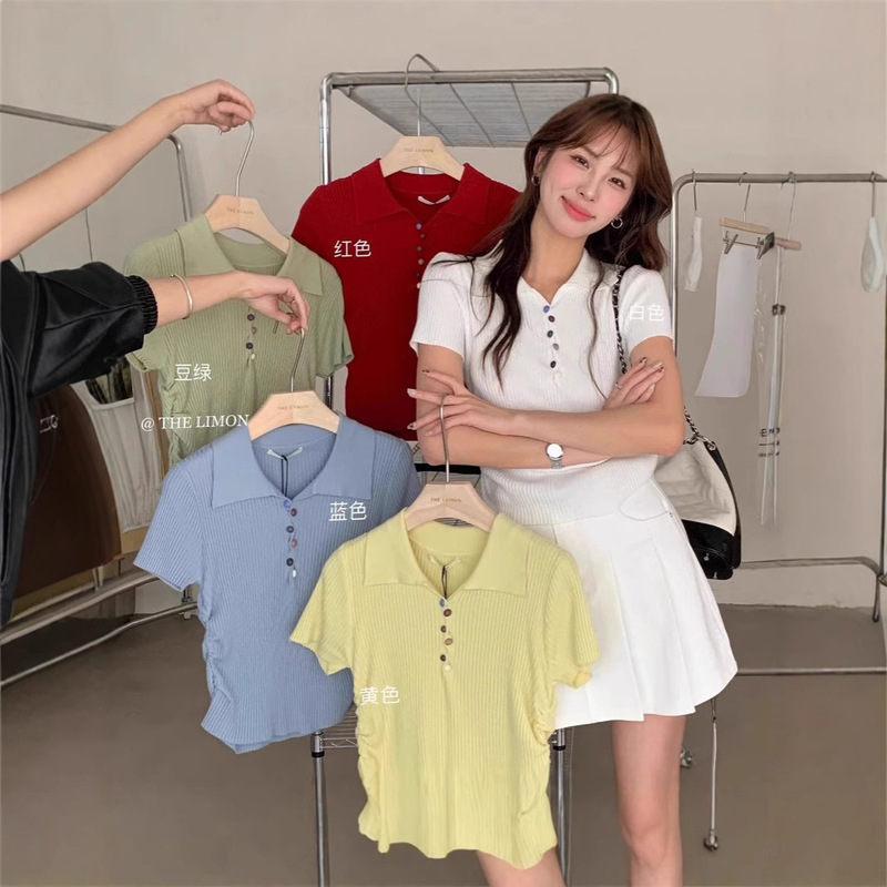 The Lemon Korean Style Colorfulful Button Design Polo Collar Age-Reducing Knitwear Women's Summer Ins Short-Sleeved Top