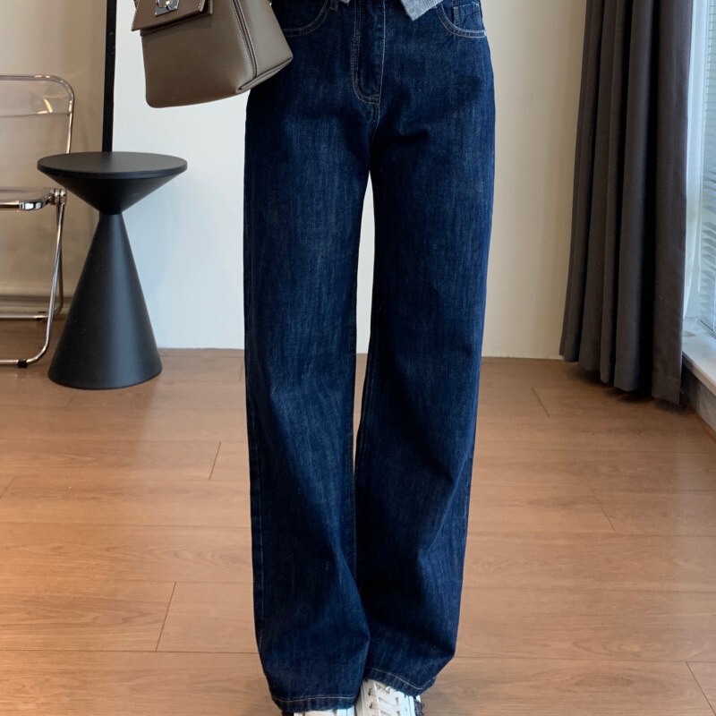 High-Waisted Slim-Fit Straight-Leg Jeans for Women in Dark Blue with Red Selvedge, Perfect for Autumn