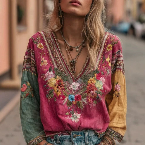 European And American Women's Casual Retro Bohemian V-neck Top Ethnic Style Long Sleeves_ecoleips.com