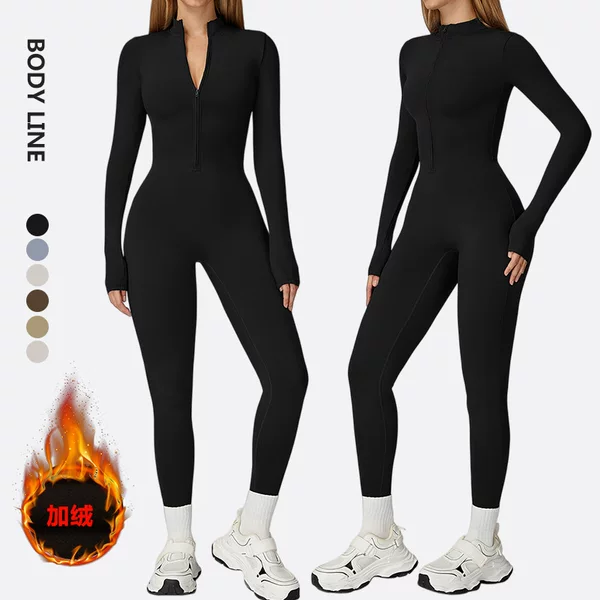 Cross-Border Autumn and Winter One-Piece Yoga Clothing Plus Velvet Warm Zipper Fitness Clothing Waist Slimming Sports Jumpsuit Long Sleeves