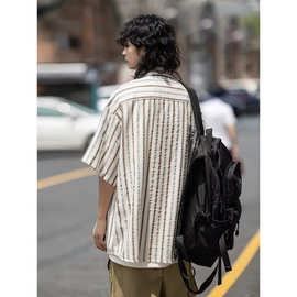 2025日系复古竖条纹衬衫男女古巴领夏季日系宽松古着休闲短袖衬衣