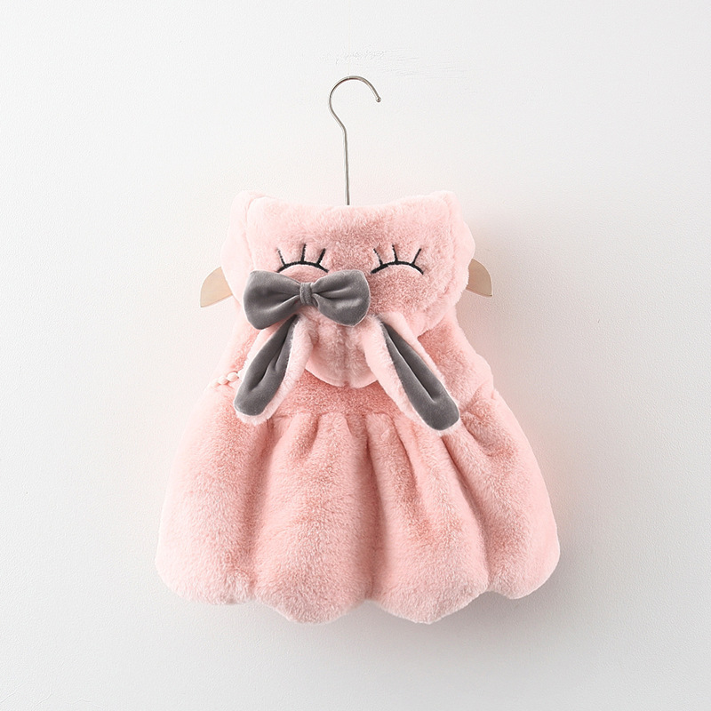 2021 Autumn and winter new pattern Female baby Vest leather and fur Hooded coat girl Cartoon rabbit fashion One piece On behalf of