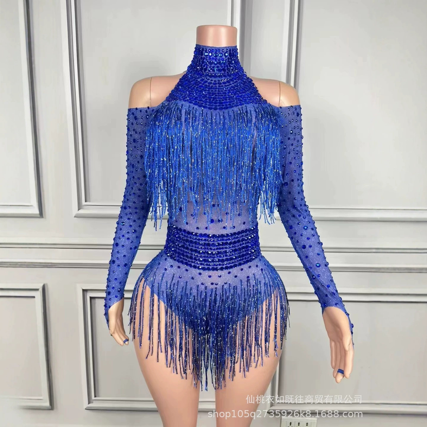 European and American cross-border bestseller: mesh halter neck long-sleeve rhinestone tassel nightclub female singer stage performance jumpsuit