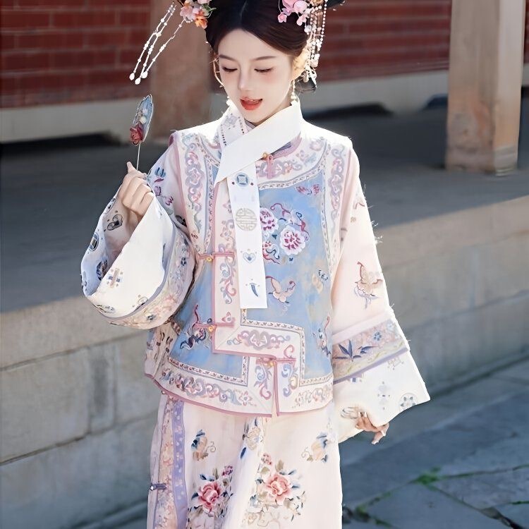 Hanfu Female Qing Dynasty Printed Ancient Costume Qing Dynasty Yanji Princess Cheongsam Court Geating Clothing Two-piece Travel Photographic Clothing Female