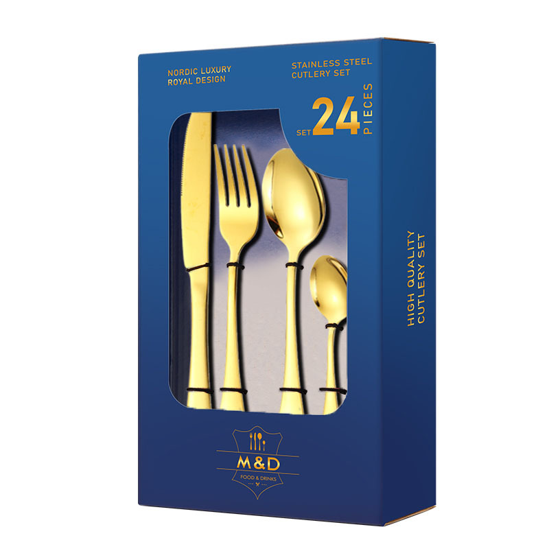 Juego de cucharas, tenedores y cucharas de acero inoxidable transfronterizo Juego de 24 piezas de vajilla Juego creativo de Navidad Caja de regalo de cuchara y tenedor dorado Regalo de la reunión anual