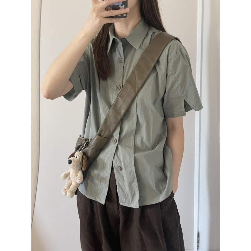日系短袖衬衫女夏季复古设计感小众工装polo领薄款夏天衬衣外套潮|undefined