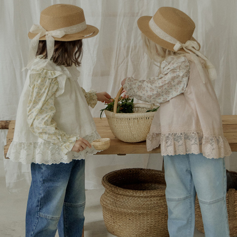 Primavera 2024 fresa Shan Corea del Sur niñas algodón floral Feier camisa de manga larga preventa