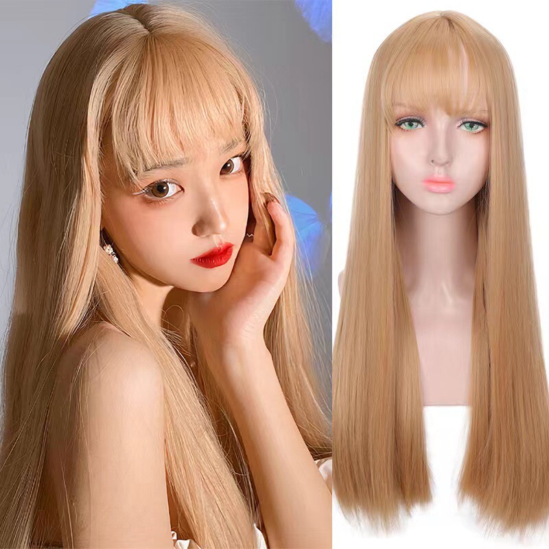 Cross-Border Japanese and Korean Hot-Selling Long Straight Hair Golden Wig with Bangs, Chemical Fiber Full Headgear, Natural and Realistic Cross-Border Japanese and Korean Hot-Selling Long Straight Hair Golden Wig with Bangs, Chemical Fiber Full Headgear, Natural and Realistic