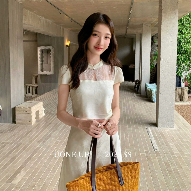 Uone2026 New Summer Style New Chinese-Style Improved Cheongsam Lace Splicing Glossy Satin Jacquard Dress for Women Uone2026 New Summer Style New Chinese-Style Improved Cheongsam Lace Splicing Glossy Satin Jacquard Dress for Women