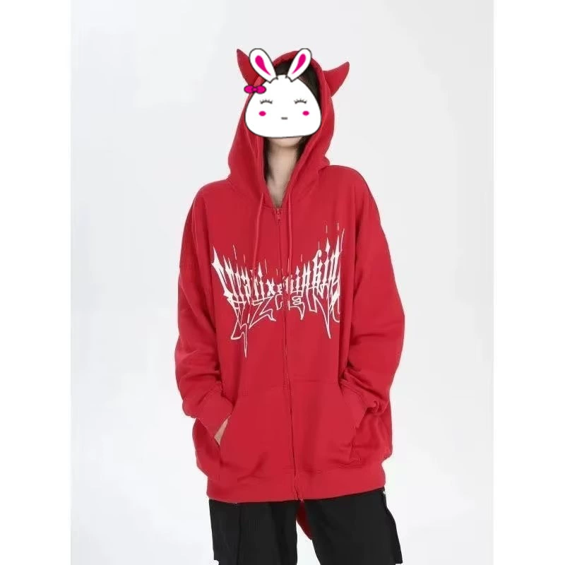 Модный брендовый свитер с темным элементом Универсальный свитер с капюшоном на молнии с длинным рукавом и надписью Маленький хвост