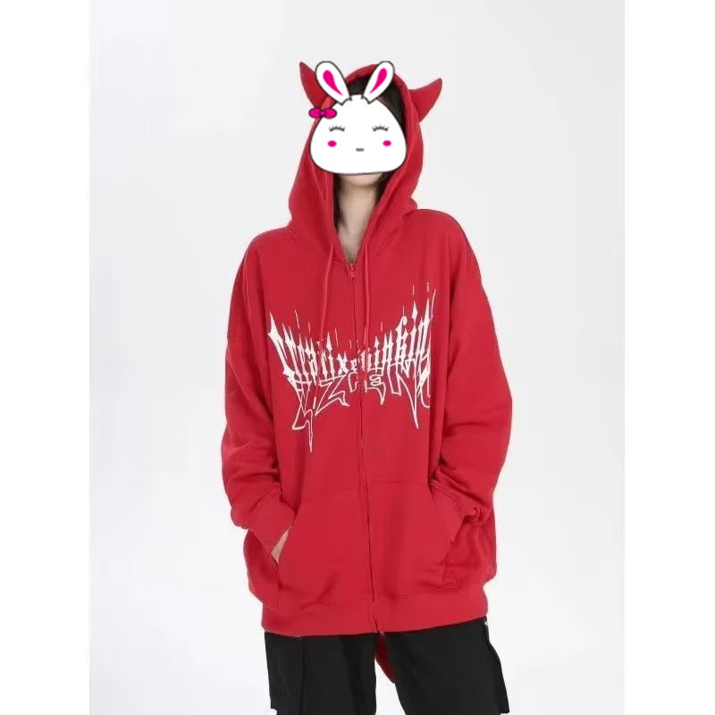 Fashion brand dark element sweater versatile devil zipper long sleeve hooded sweater printed letter small tail sweater Fashion brand dark element sweater versatile devil zipper long sleeve hooded sweater printed letter small tail sweater