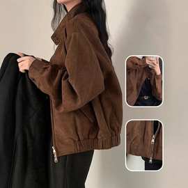 美式复古麂皮绒外套女2025春秋季新款小个子感短款拉链夹克上衣潮