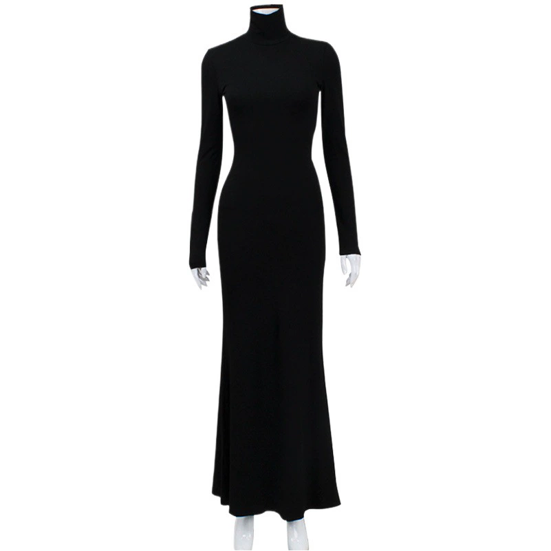 Европейское и американское женское осенне-зимнее пикантное платье Amazon с высоким воротником и длинным рукавом, облегающее платье с высокой талией, элегантное однотонное длинное платье