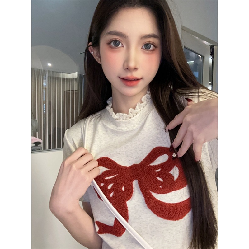 Cute velvet lace Japanese short summer short sleeve T-shirt with bow