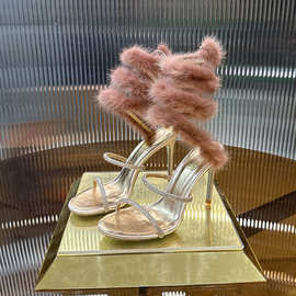 2025新款仙女鞋时尚水钻蛇形缠绕高跟鞋毛毛细跟气质凉鞋炸街女鞋