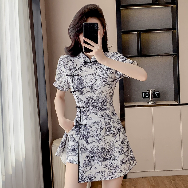 Новый женский костюм в национальном стиле в китайском стиле, летний новый стильный топ с разрезом на пряжке и шорты, комплект из двух предметов