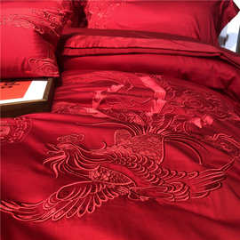 140支匹马棉刺绣四件套大红色婚庆龙凤结婚被套新婚床g^