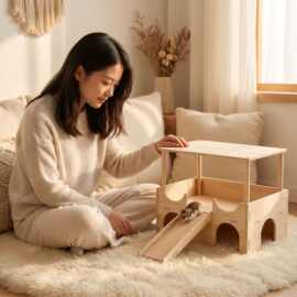 宠物仓鼠金丝熊实木别墅窝带滑梯平台躲避屋笼子造景木质小房子