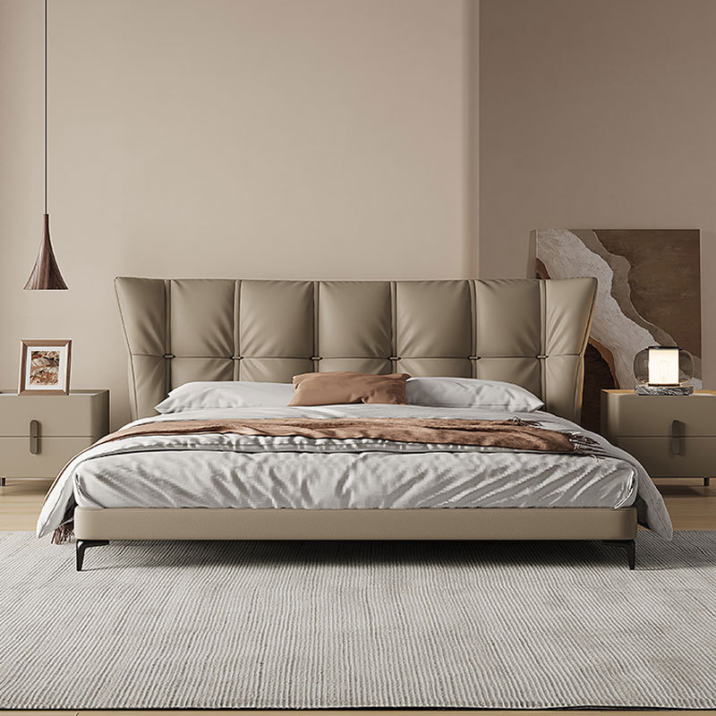Cama de cuero genuino italiano moderno simple de alta gama suave bolsa dormitorio principal cama doble 1,8 m apartamento grande cama de cuero simple