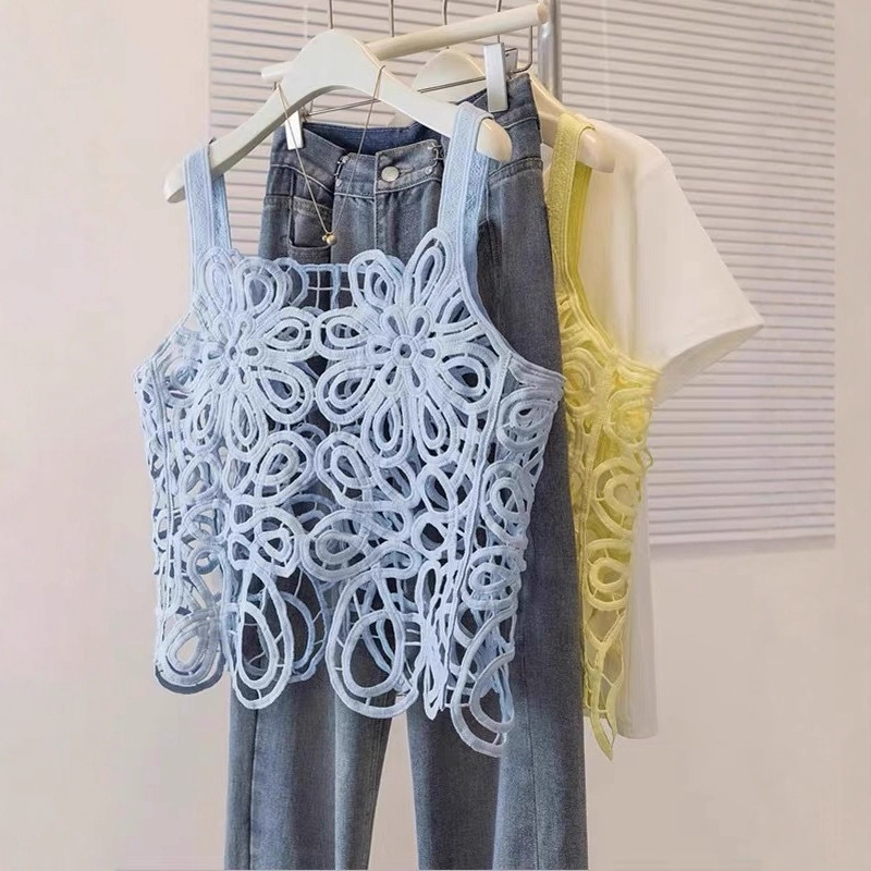 Milk Silk Lace Vest, Fashionable and Elegant Design, Hollowed Out, Slimming, Chic, Fresh and Bohemian Hanging