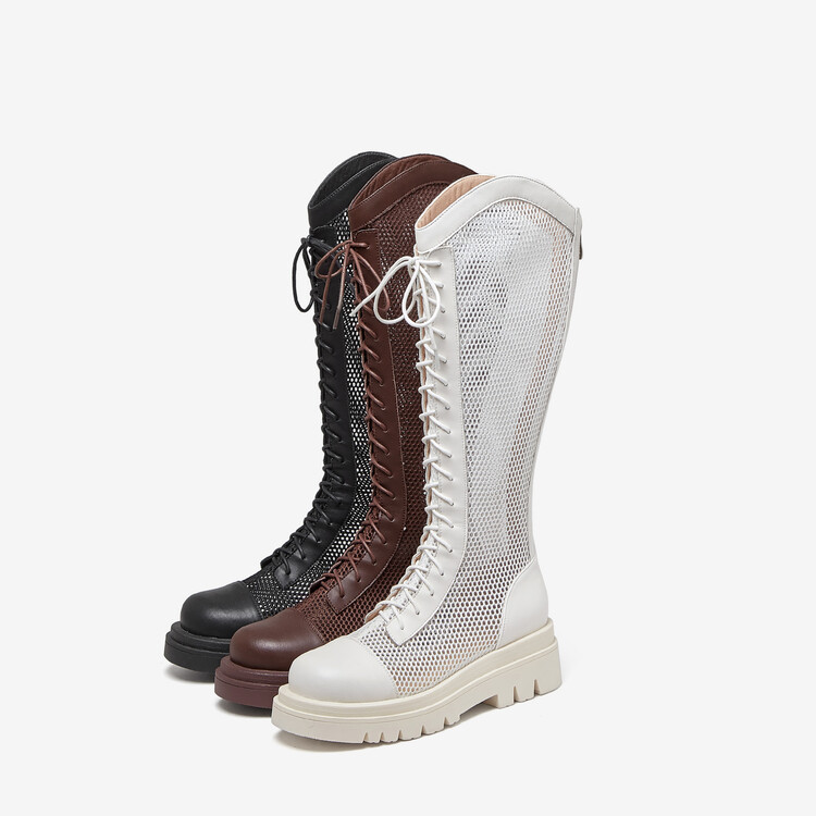 Boot lưới da thật cổ cao đế dày thoáng khí mùa xuân hè phong cách kỵ sĩ buộc dây — Màu nâu ống lớn, Màu đen cổ ống lớn, Ống nhỏ màu đen, Ống nhỏ màu be chi tiết 68