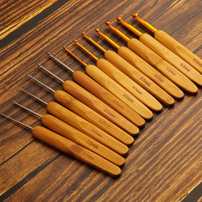 竹柄钩针圆头碳化竹勾针套装手工DIY毛线编织工具毛衣针脏辫穿针