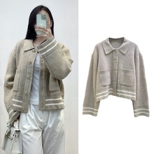 法式女装秋冬新款慵懒风撞色翻领毛衣外套女大口袋金属扣针织开衫