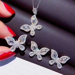 Live Streaming Hot Selling Fashion Fairy Style Full Diamond Pt950 Butterfly Pendant Simulated Zirconia Ring Earrings Set