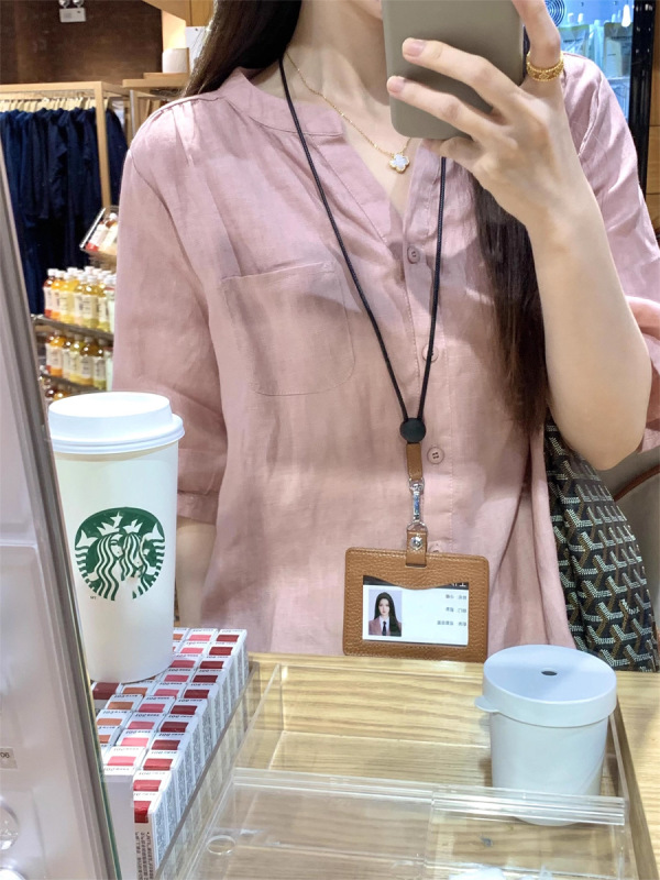 粉色棉麻短袖衬衫女夏季2025新款轻薄款衬衣巨好看的苎麻小衫上衣|undefined