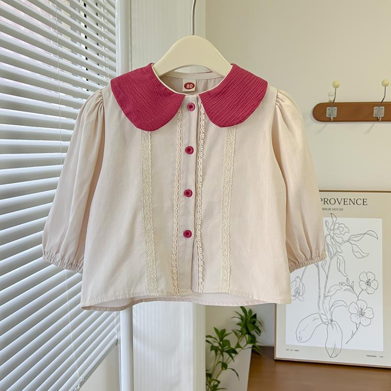 Camisa para niñas 2022 Primavera y otoño Nuevo estilo coreano solapa cuello redondo color sólido bordado color sólido estilo occidental manga larga camisa para niños