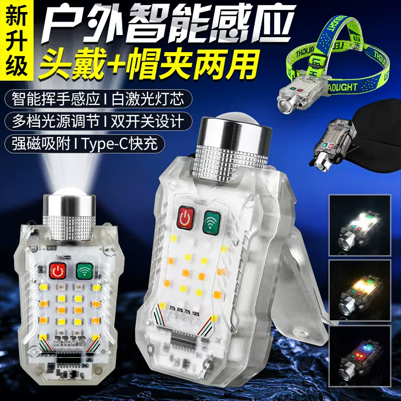 多功能便携式工作灯钥匙扣磁吸手电筒帽夹灯头戴充电LED感应头灯