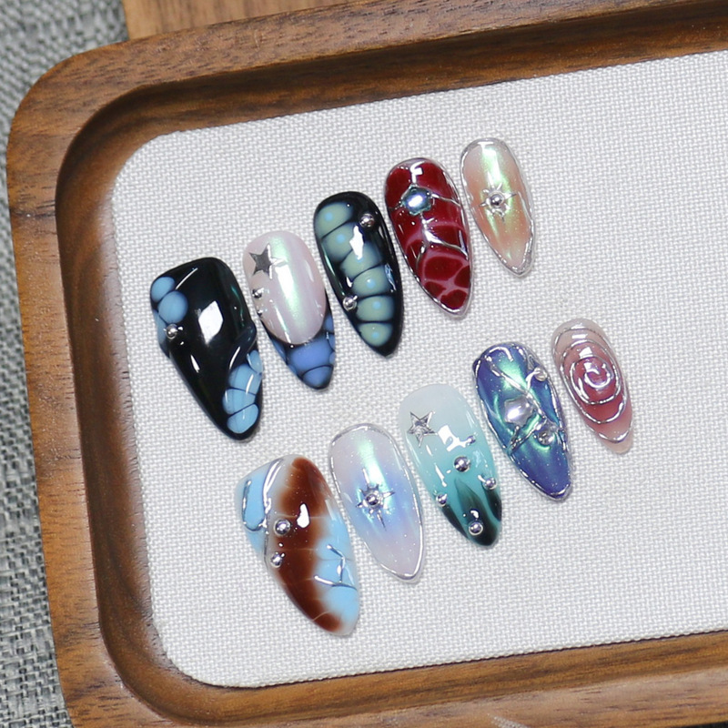 Cross-Border Pure Handmade Starburst Aurora Wearable Nails, European and American Ins Style Metal Lines, Detachable Fake Nail Patches Cross-Border Pure Handmade Starburst Aurora Wearable Nails, European and American Ins Style Metal Lines, Detachable Fake Nail Patches