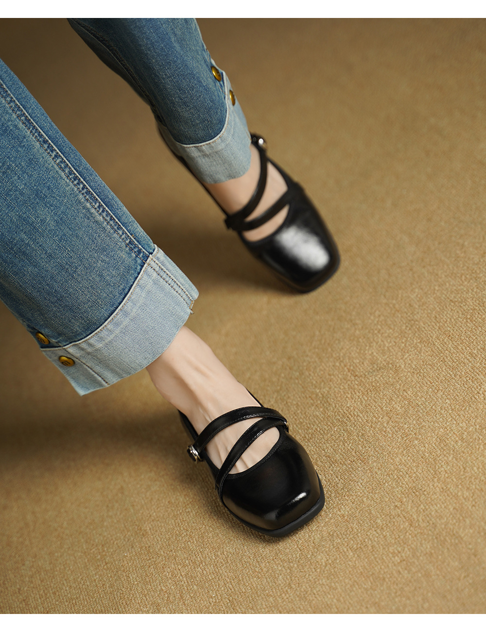 Giày Mary Jane nữ da cừu miệng nông đế bệt phong cách học sinh quai ngang khóa Velcro — đen chi tiết 8