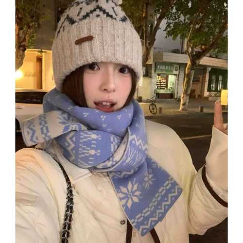 Aesthetic Snowflake Double-Sided Knitted Scarf for Women - Winter New Arrival Korean Style Advanced Feel Thick Warm Scarf for Cold Wave Protection