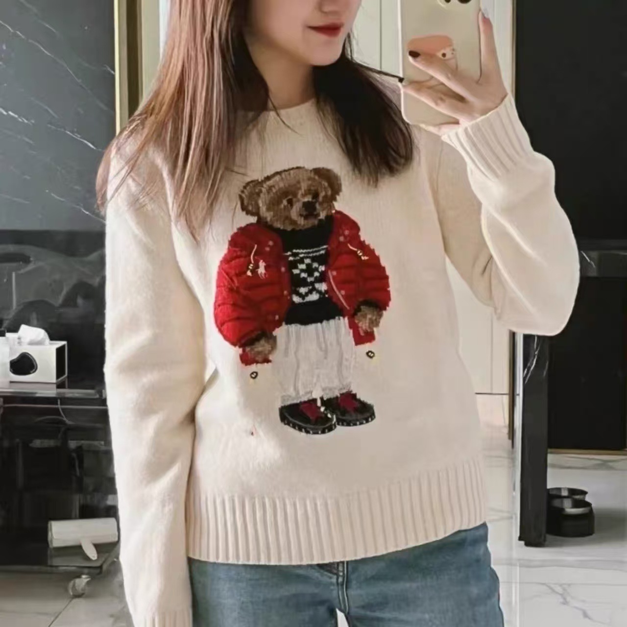 Qadın üçün ayı naxışlı yun sviter, payız-qış kolleksiyası