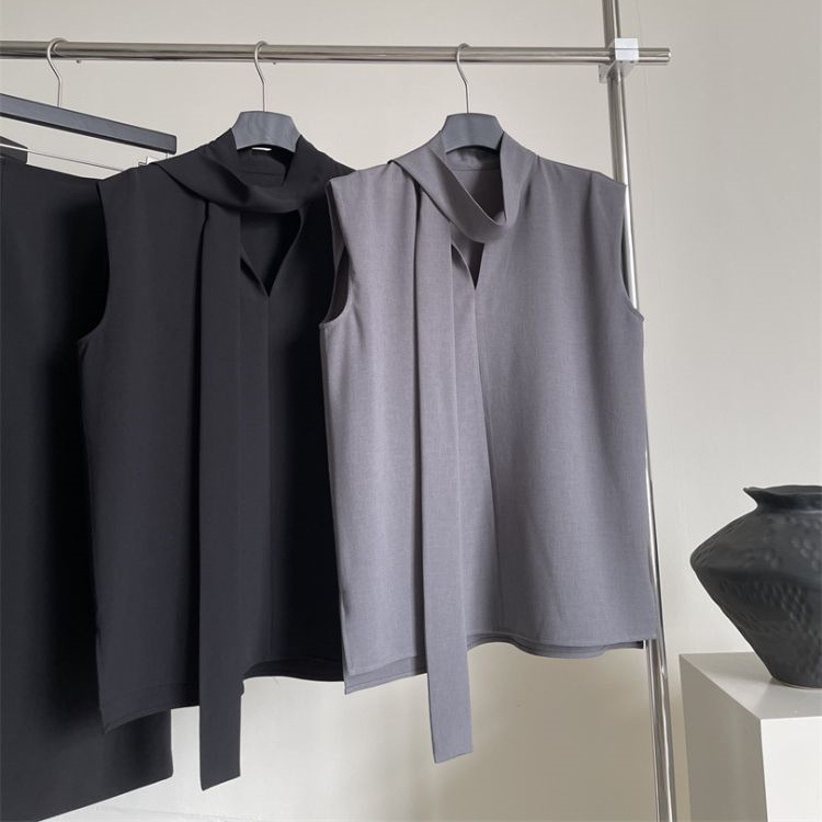 新款25轻奢法式复古老钱风极简无袖上衣轻盈飘带腔调智感西装衬衫