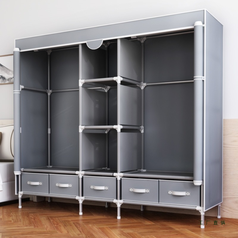 Simple Wardrobe for Rental Housing, Large-Capacity Fabric Wardrobe, Sturdy and Durable Bedroom Dust-Proof Storage Steel Pipe Hanging Wardrobe