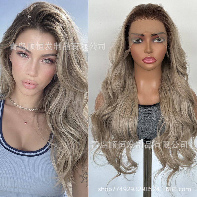 European and American style lace front wig, gradient dyed gray gold, long wavy hair, high-temperature fiber, full head cover, factory wholesale European and American style lace front wig, gradient dyed gray gold, long wavy hair, high-temperature fiber, full head cover, factory wholesale