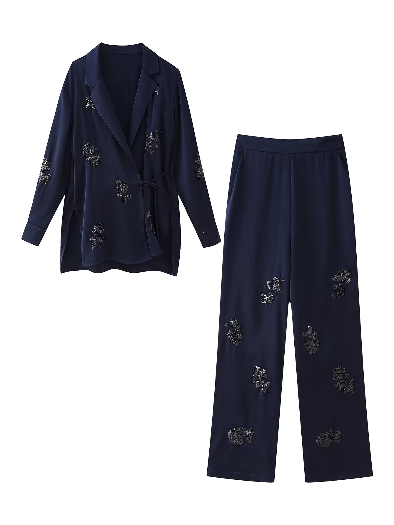 Dámske oblečenie, letná novinka 2024, sako s dlhými nohavicami a perleťovou ozdobou_voghion.com