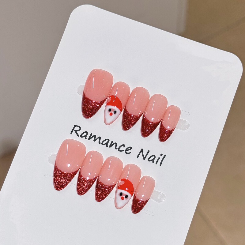 Handmade Wearable Nails for New Year and Christmas, French-Style Red Glitter Nails, High-End Versatile Nail Patches That Make Your Skin Look Fairer