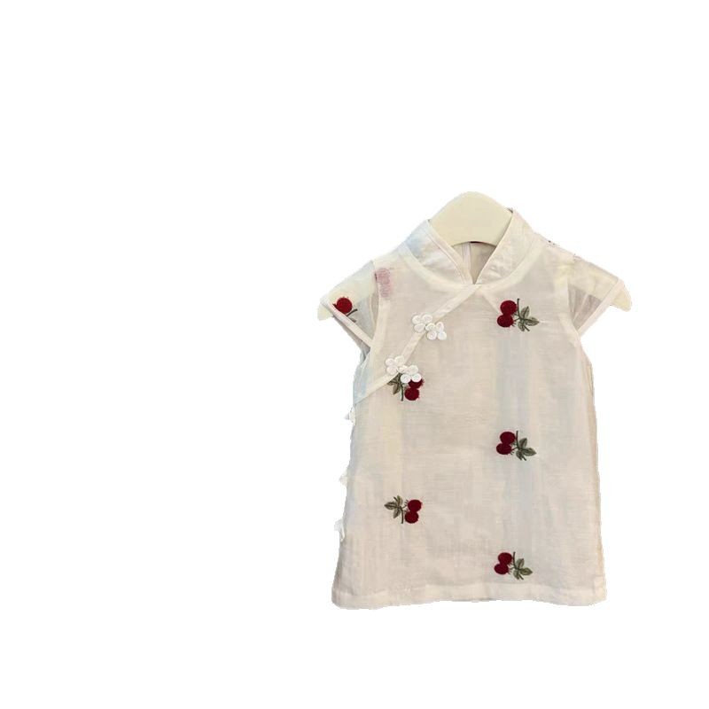 ¡Este es hermoso! 2025 bebé nuevo estilo chino dulce cherry bordado cheongsam chaleco vestido