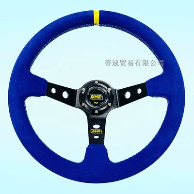 Factory Direct Sale 14inch Omp Steering wheel - black-frame-blue-nubuck-leather-steering-wheel