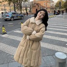 实拍花栗鼠小姐雪宝拼接羊羔毛羽绒服女小个子中长款外套羽绒棉服