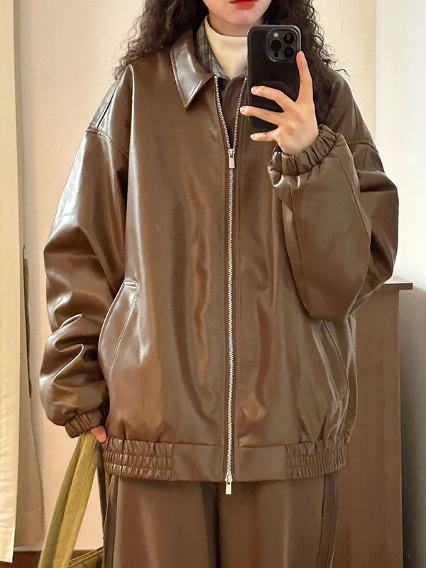 美式复古美拉德PU皮衣外套女2025春秋新款高街宽松机车上衣夹克潮|undefined