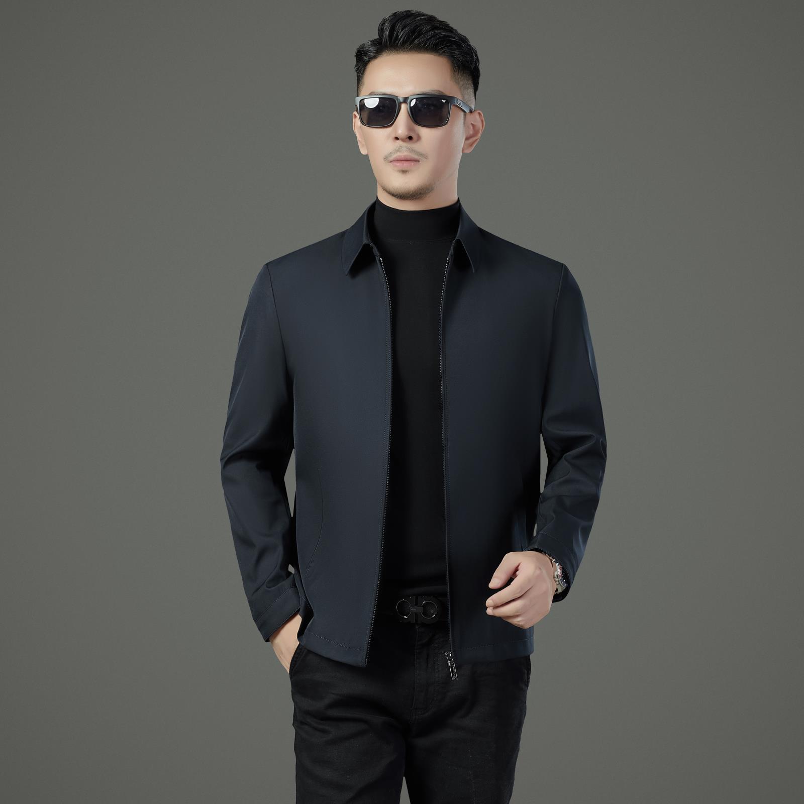 品牌桑蚕丝男士夹克外套中年商务休闲免烫上衣高端行政爸爸装茄克