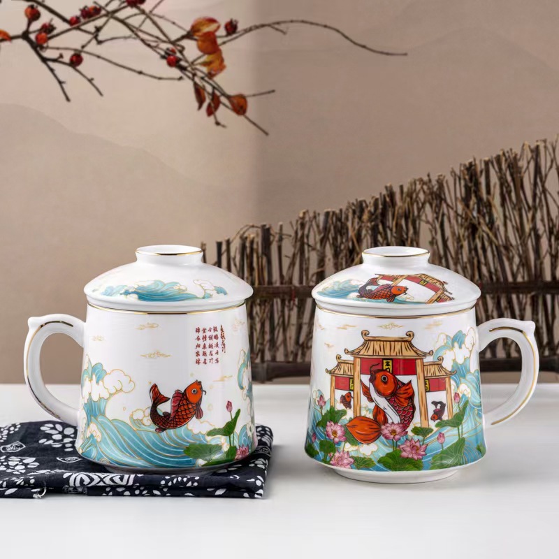 Personalidad creativa taza de la Oficina de estilo chino con tapa de té Taza de cerámica de regalo de fugas de Año Nuevo taza de beber de alta apariencia