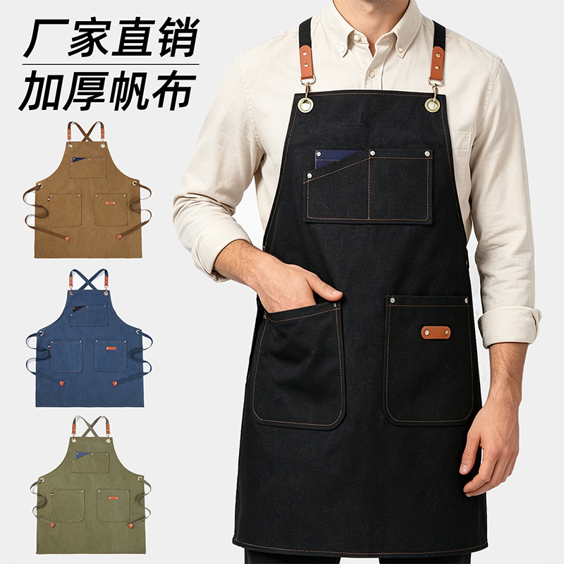 Thickened canvas, waterproof and oil-resistant apron for kitchen use, cooking, painting, and work; available for cross-border wholesale and with logo printing options Thickened canvas, waterproof and oil-resistant apron for kitchen use, cooking, painting, and work; available for cross-border wholesale and with logo printing options